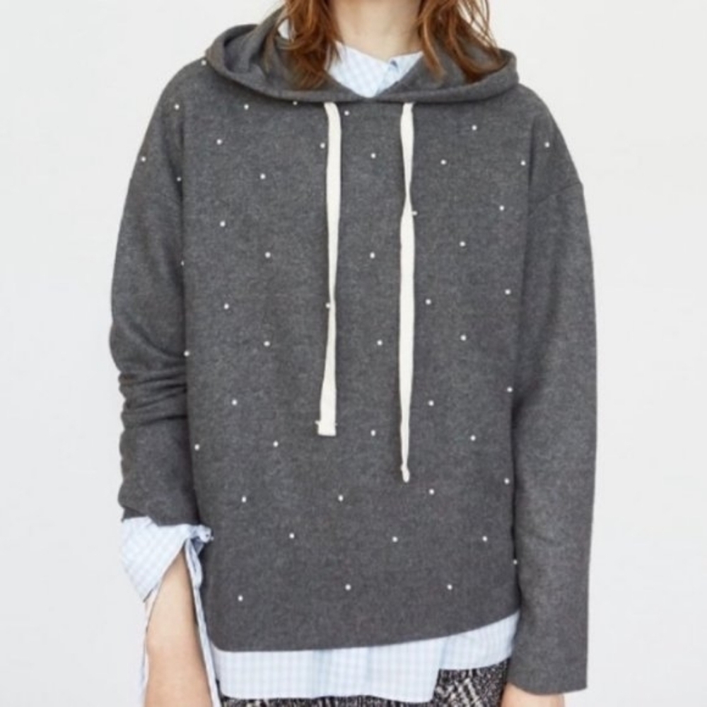 Zara S/M hoodie Sweater Raw Hem w Pearls Medium